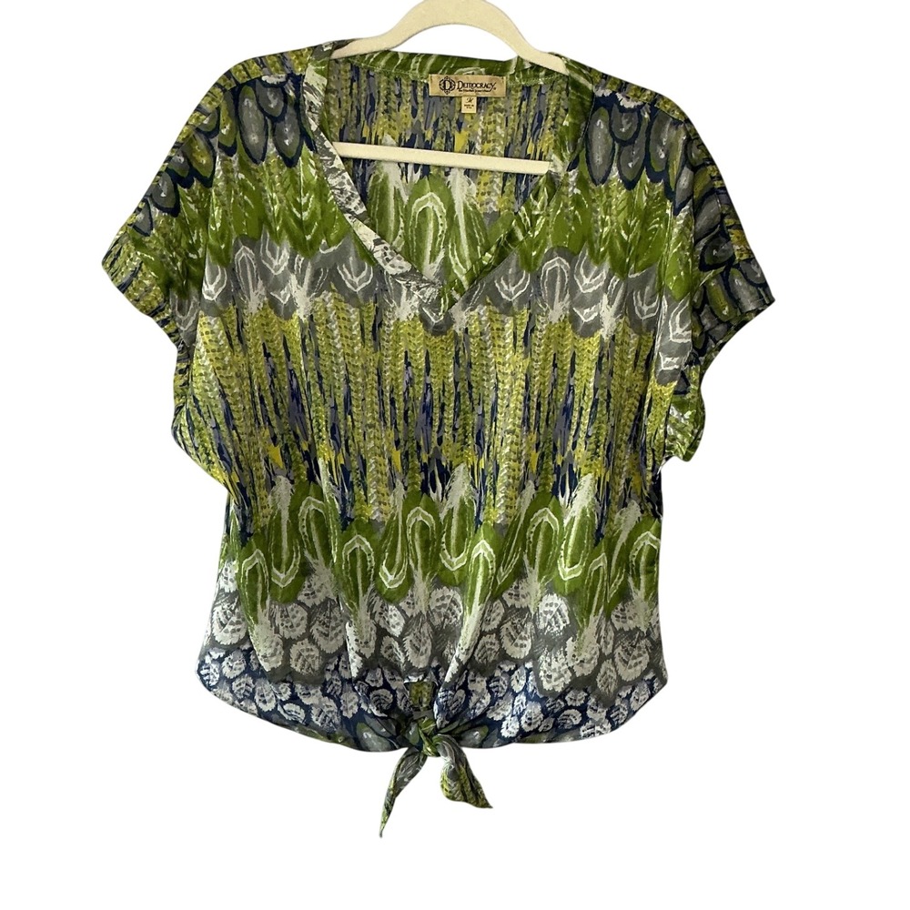 Democracy Women Semi Sheer Green Blue Abstract Feather Tie V-neck Top Size M